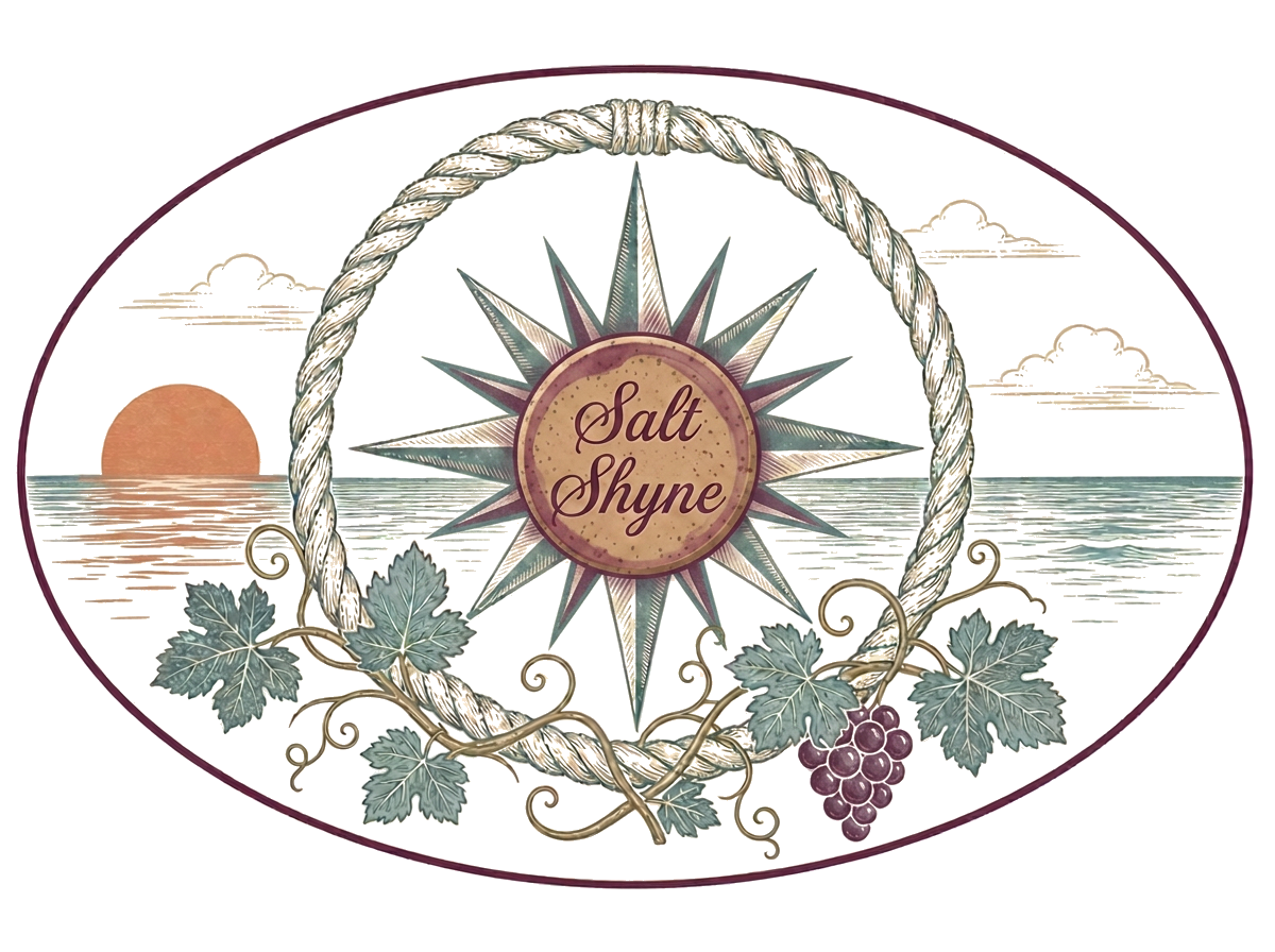 Salt Shyne & Vine badge with nautical rope, compass star, and grapevine