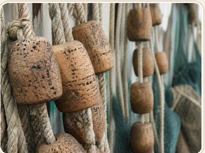 Cork floats strung along rope and fishing net