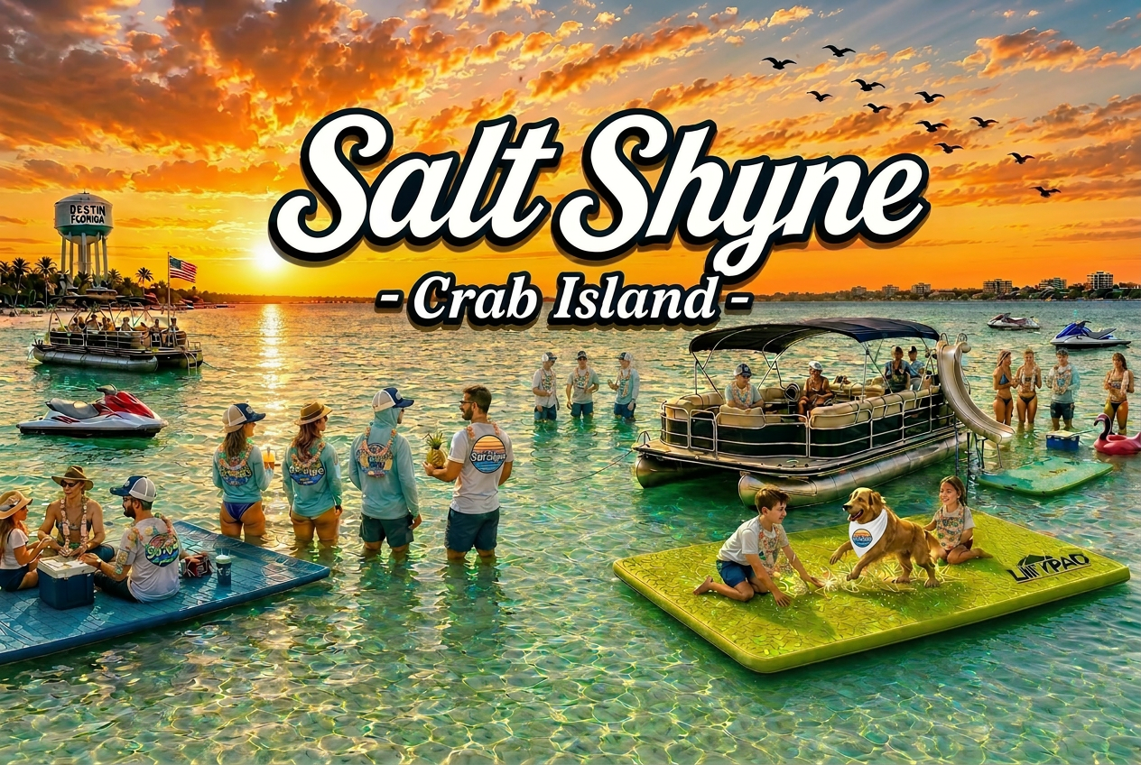 Salt Shyne crew on the Crab Island sandbar at sunset, Destin Florida